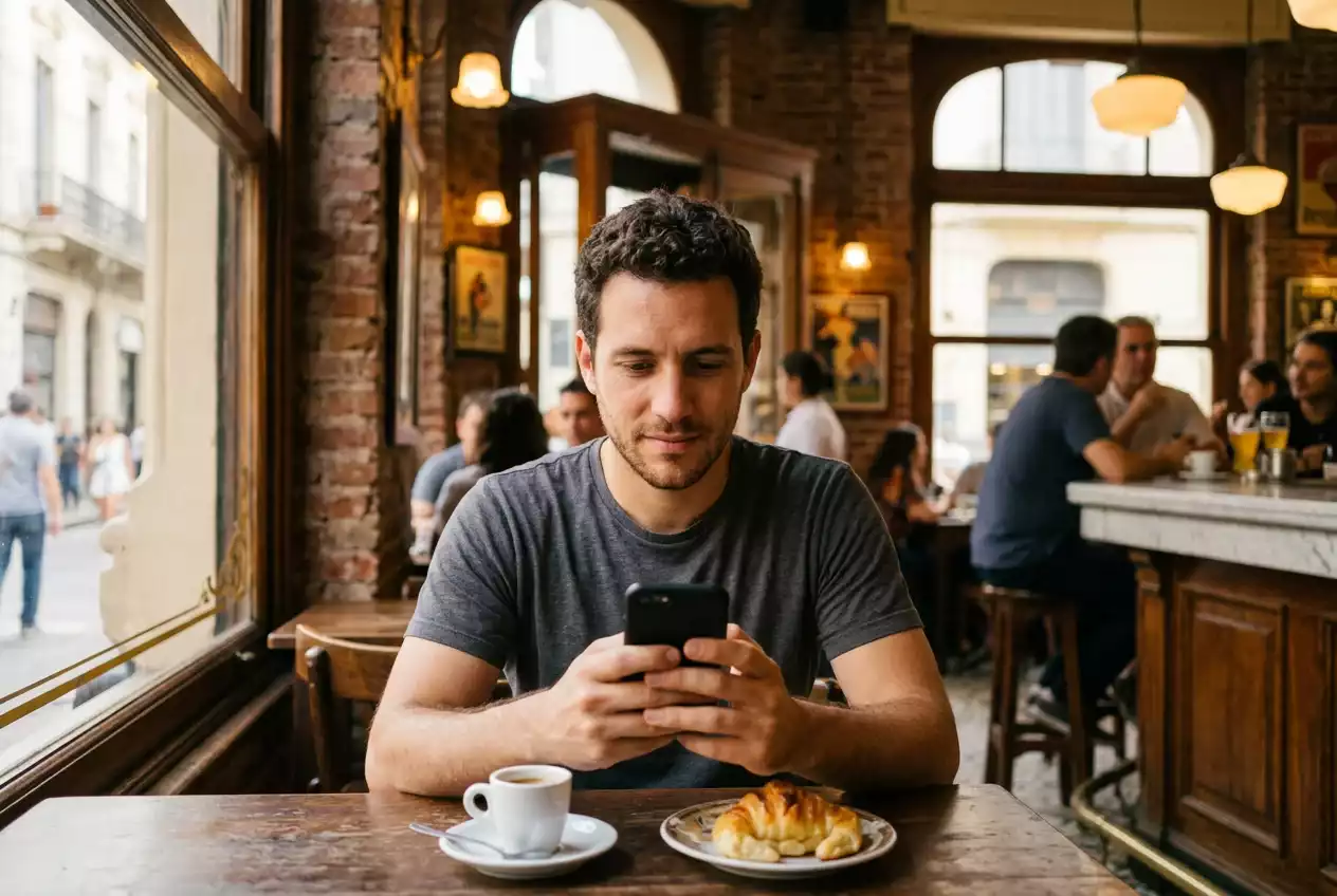 Apostador argentino usando el celular para apuestas deportivas de futbol